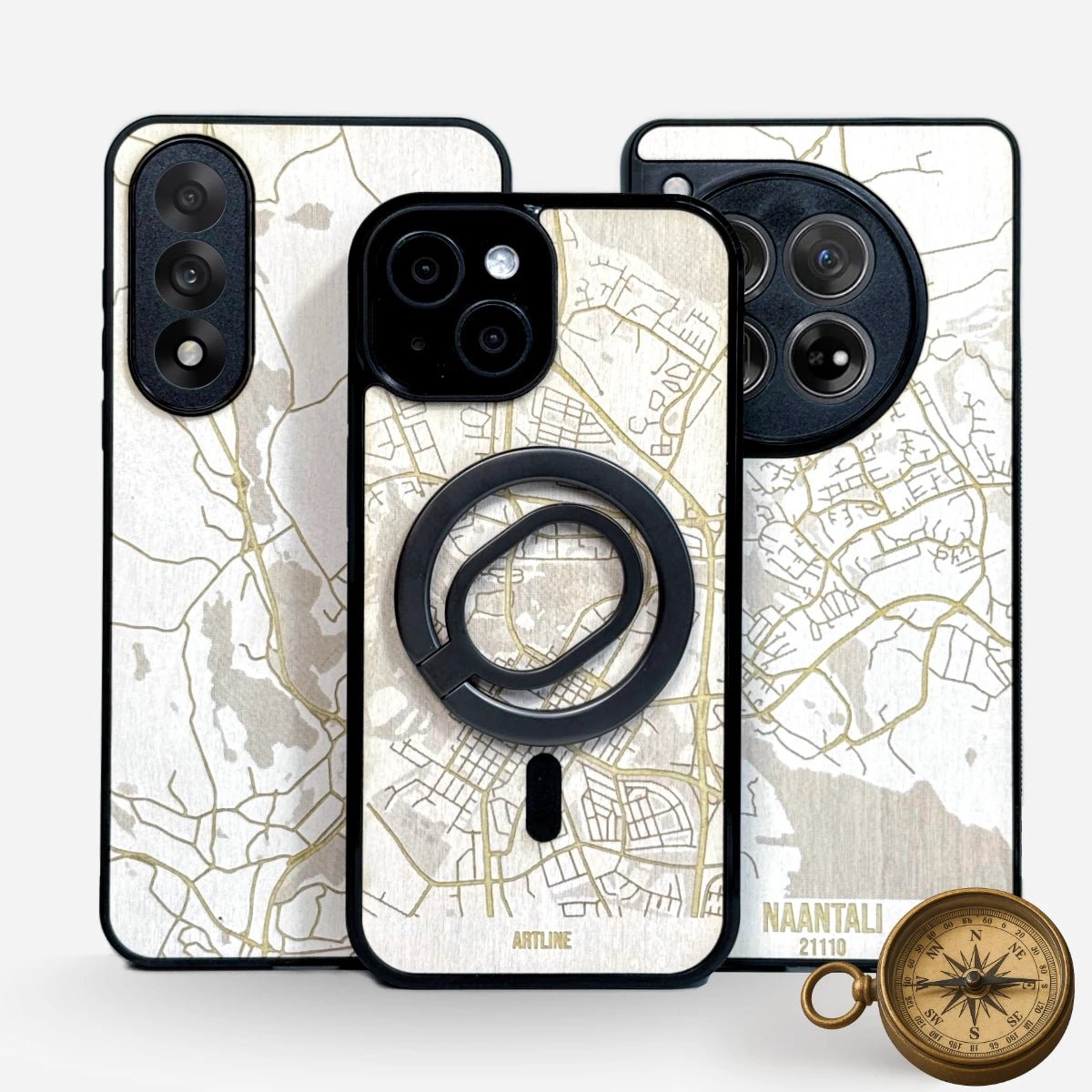 Lastu vaaleat puhelimen kuoret koivupuusta, karttakuosi iPhone, Samsung ja OnePlus malleihin