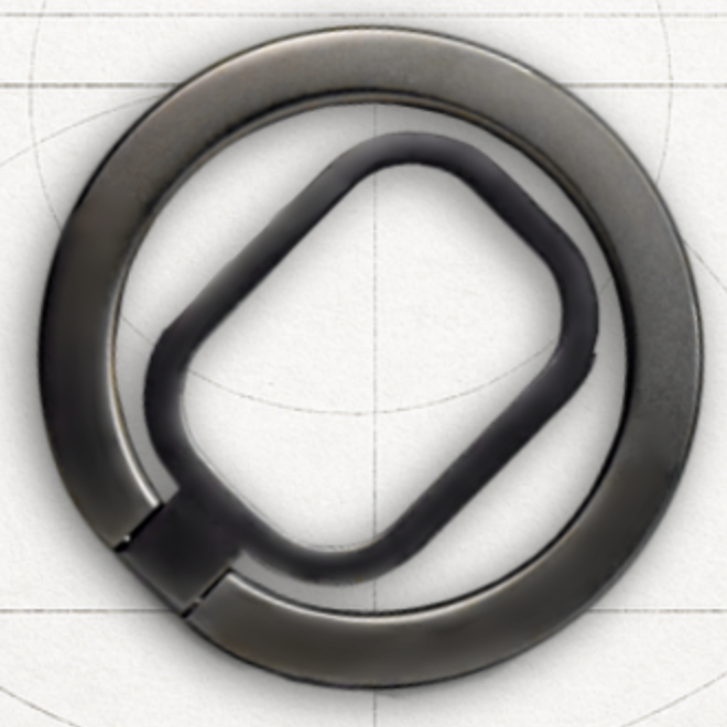 Lastu Pyöreä musta metallinen Lastu MagSafe -lisäosa, suojakuori iPhone 17 Pro-, Galaxy S26- ja OnePlus 15 -malleille, valkoisella ruudukolla.