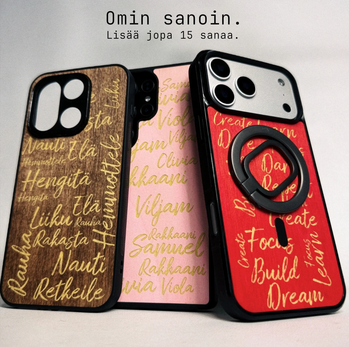 Lastu Kolme Lastu SANAT -puhelinkoteloa kultaisissa sävyissä iPhone 17 Pro-, Samsung S26- ja OnePlus 15 -malleille.