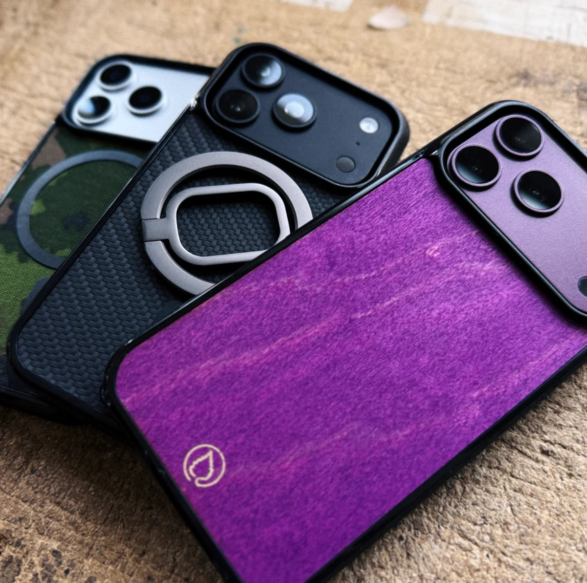Lastu HORSMA Lastu -puhelinkotelot iPhone 17 Pro, Galaxy S26, OnePlus 15 – puu, camo, musta ja violetti