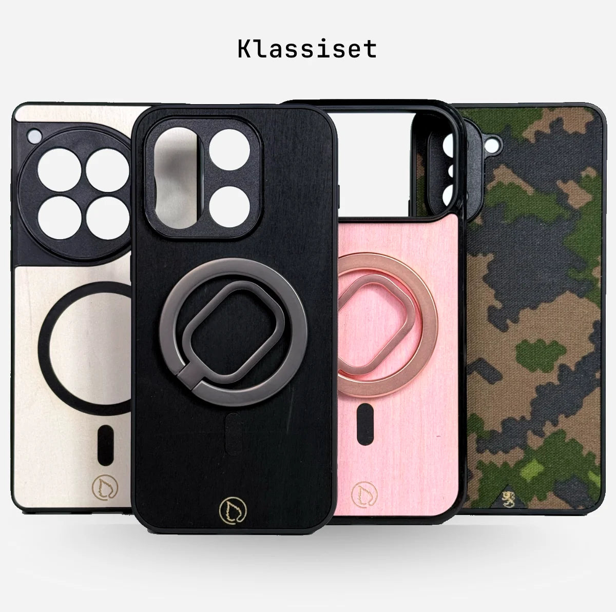 Lastu Lastun esittelemät puhelinkotelot: iPhone 17 Pro, Samsung S26, OnePlus 15; puu, metalli ja camo-materiaalit esillä.
