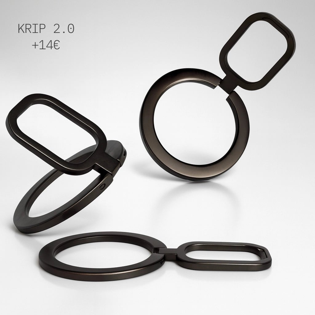 Lastu KRIP 2.0 musta puhelimen sormisormi iPhonelle ja Samsungille helposti kiinnitettäväksi kuoreen