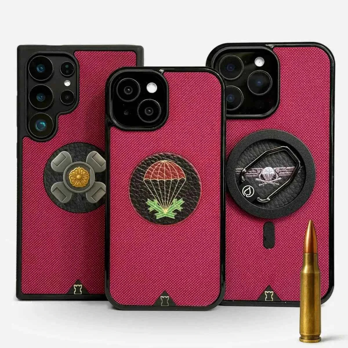 Lastu Magenta Lastu LJK puhelimen kuoret iPhone 17 Pro, Samsung S26, OnePlus 15 malleille puisella yksityiskohdalla.