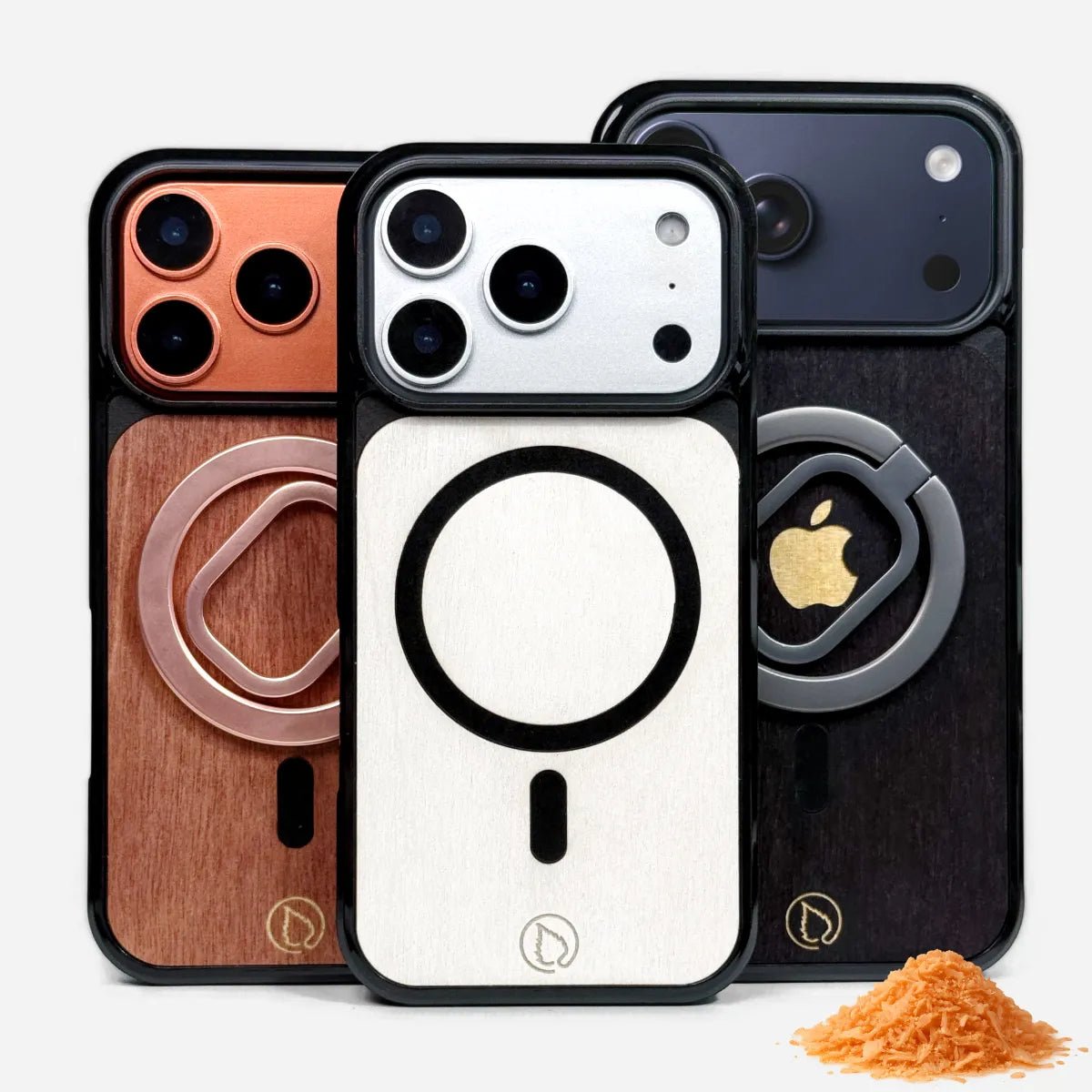 Lastu MagSafe-kuoret iPhone 17 Prolle luonnonvärisellä koivulla ja persoonallisella sormipidikkeellä