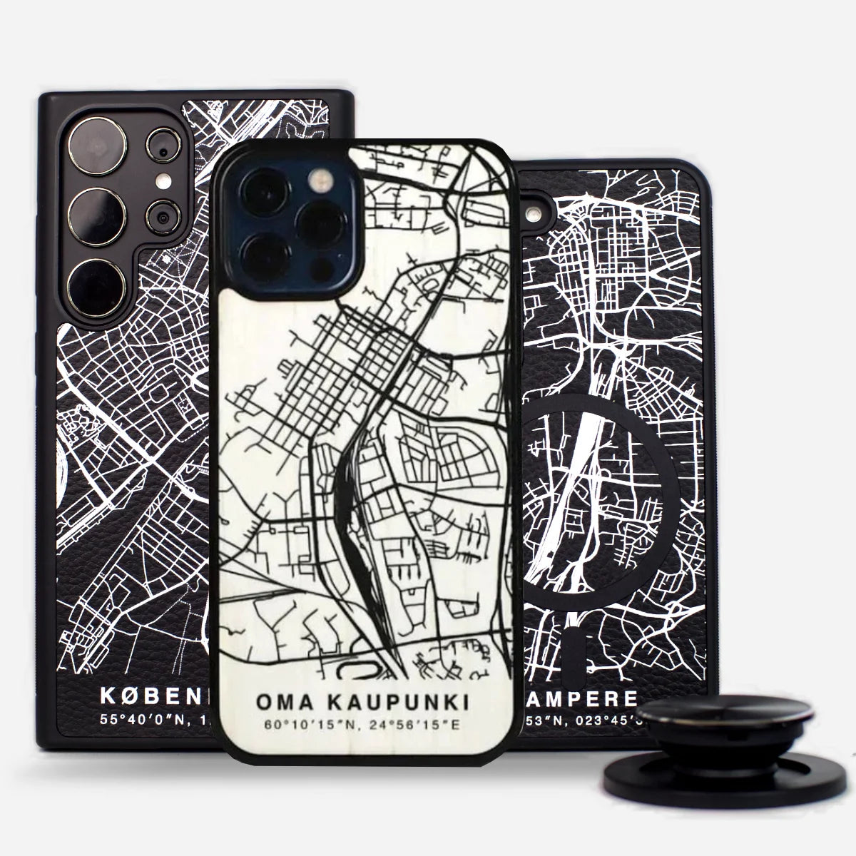a black and white phone case with a map on it