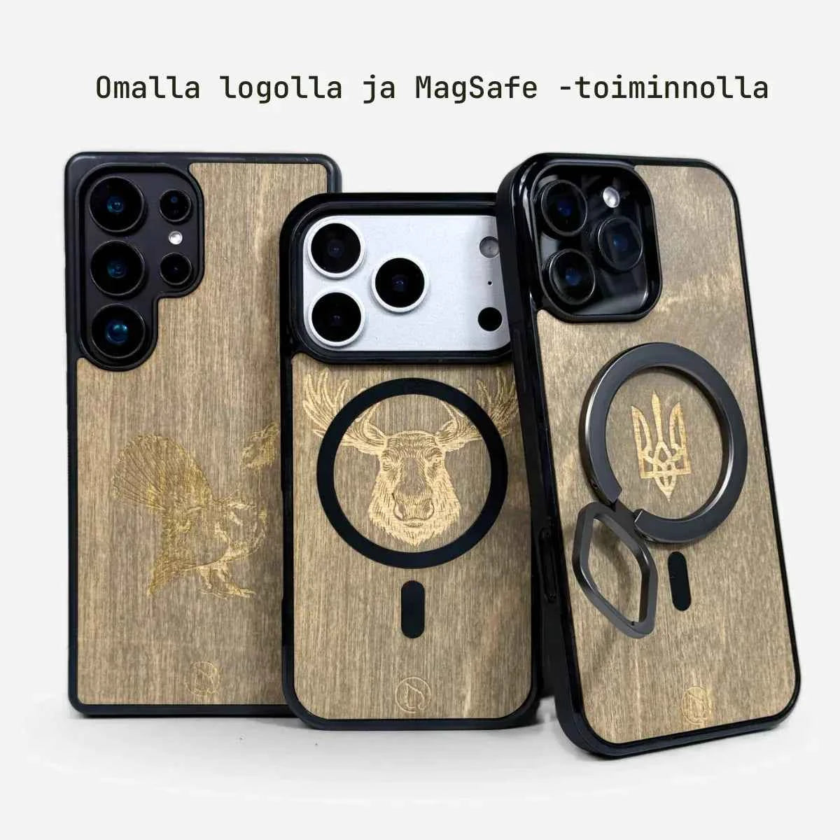 Lastu Lastu KELO:n koivupuhelimen kuoret, joissa on eläinaiheita ja MagSafe-yhteensopivuus, iPhone 17 Pro- ja Galaxy S26 -malleille, valkoinen tausta