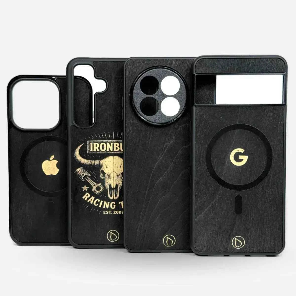 Lastu Lastu HIILI -suojakuoret mustasta koivusta, iPhone 17 Pro-, Galaxy S26-, OnePlus 15- ja Pixel 10 -logoilla, pystyasennossa