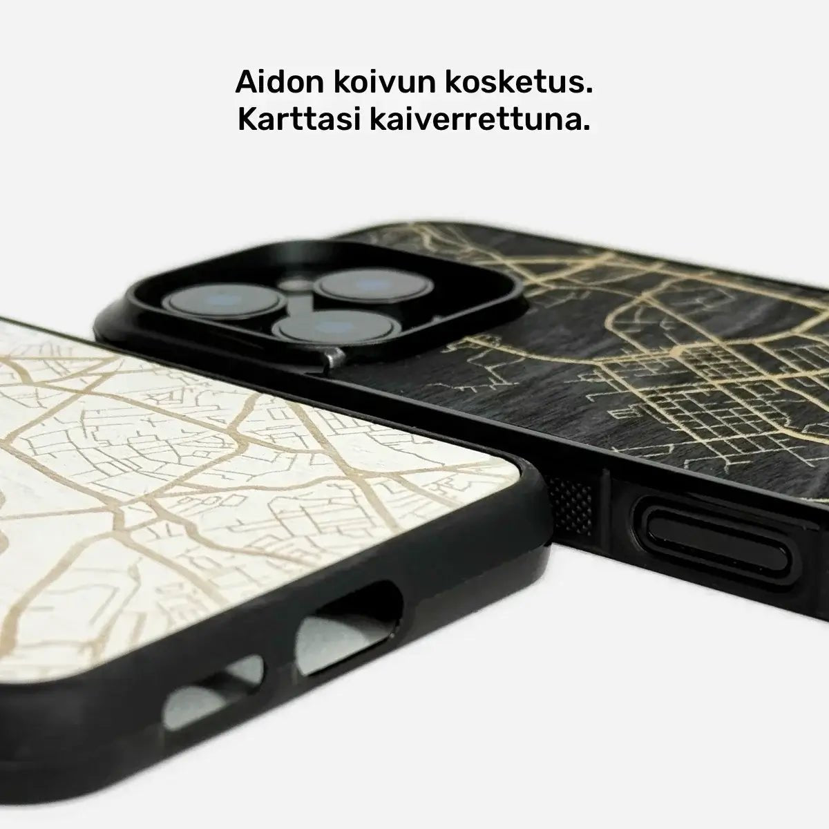 Lastu KARTTA karttakuoret aidosta koivusta iPhonelle, kaiverrettu luonnonvalkoinen ja mattamusta puinen puhelimen kuori. Explore Lastu’s Premium Phone Case Collection, iPhone kuoret - Kustomoitavat ja persoonalliset, Lastu kuoret Samsung Galaxy malleille, Suosituimmat Lastun puhelimen kuoret, Lastu kuoret, OnePlus kuoret – Persoonallista ja kestävää, Huawei & Honor, Design-puhelinkuoret – Lastun Design Collection, Karttakuoret, Xiaomi