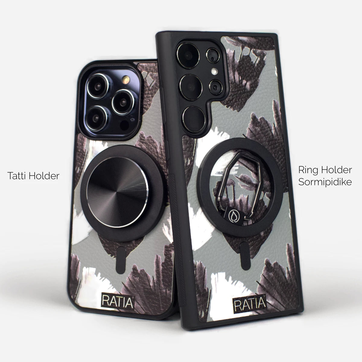 Moderni design-puhelinkotelo renkaalla, saatavana mustana ja harmaana. iPhone, Samsung, OnePlus, Xiaomi, Nothing, Pixel