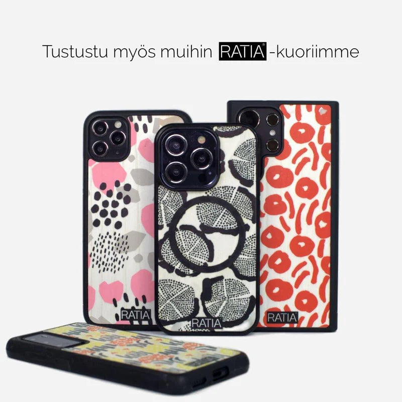 Lastu-puhelinkotelo, jossa kukkakuvio.