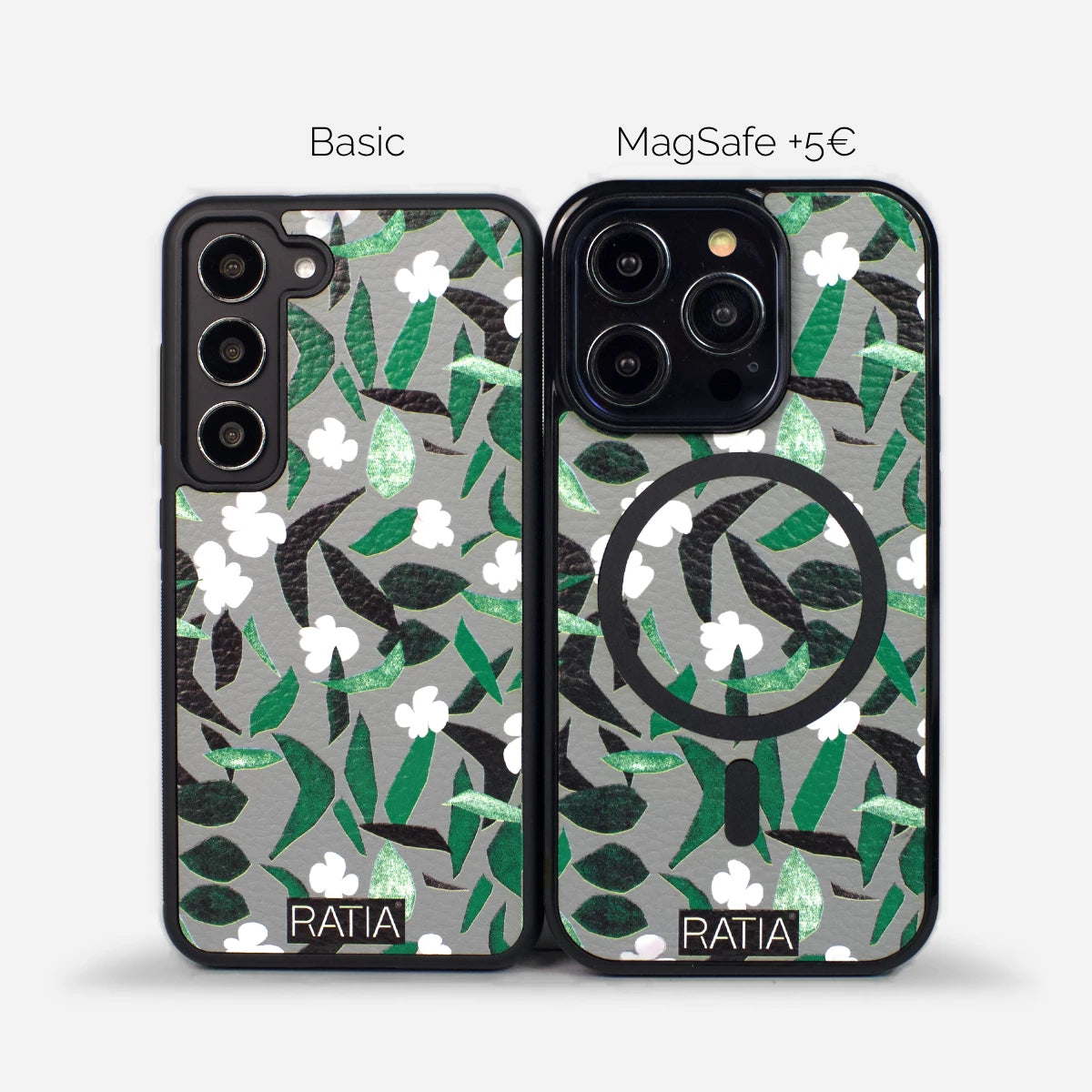Lastu x RATIA iPhone-kuori, jossa vihreä lehtikuvio merkeille iPhone, Samsung, OnePlus, Xiaomi, Nothing, Pixel magsafe kuoret.