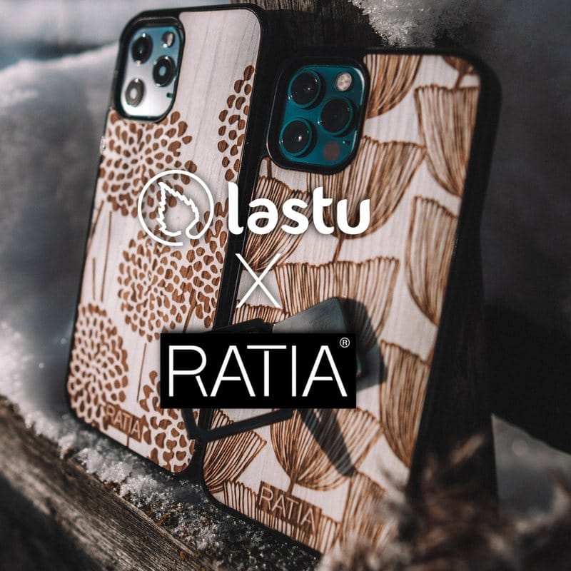 Lastu IPhone 17 Pro ja Samsung Galaxy S26: Lastu x Ratia -kukkakuvioiset puiset puhelinkotelot lumisella taustalla