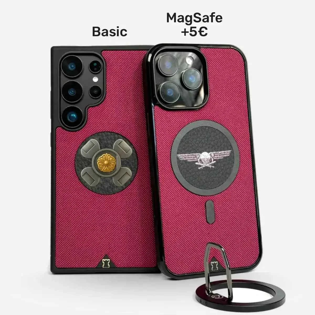 Lastu Lastu puhelimen kuoret iPhone 17 Pro ja Samsung Galaxy S26, viininpunainen Cordura 500D sormipidike edessä
