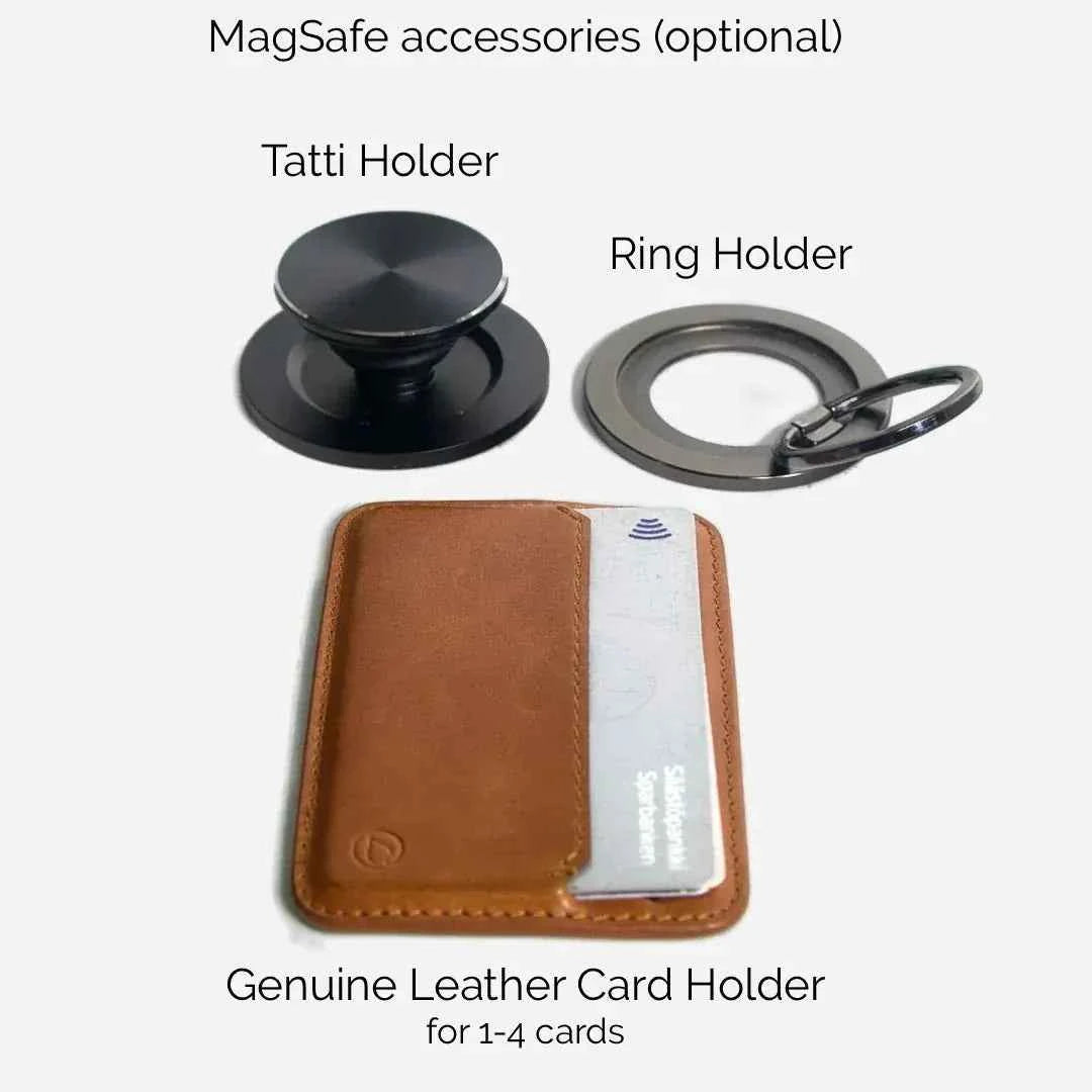 Lastu Lastu MagSafe -lisäosa, mustat Tatti & Ring -pidikkeet iPhone 17 Pro -suojakuoret ruskean nahkakorttikotelon päällä