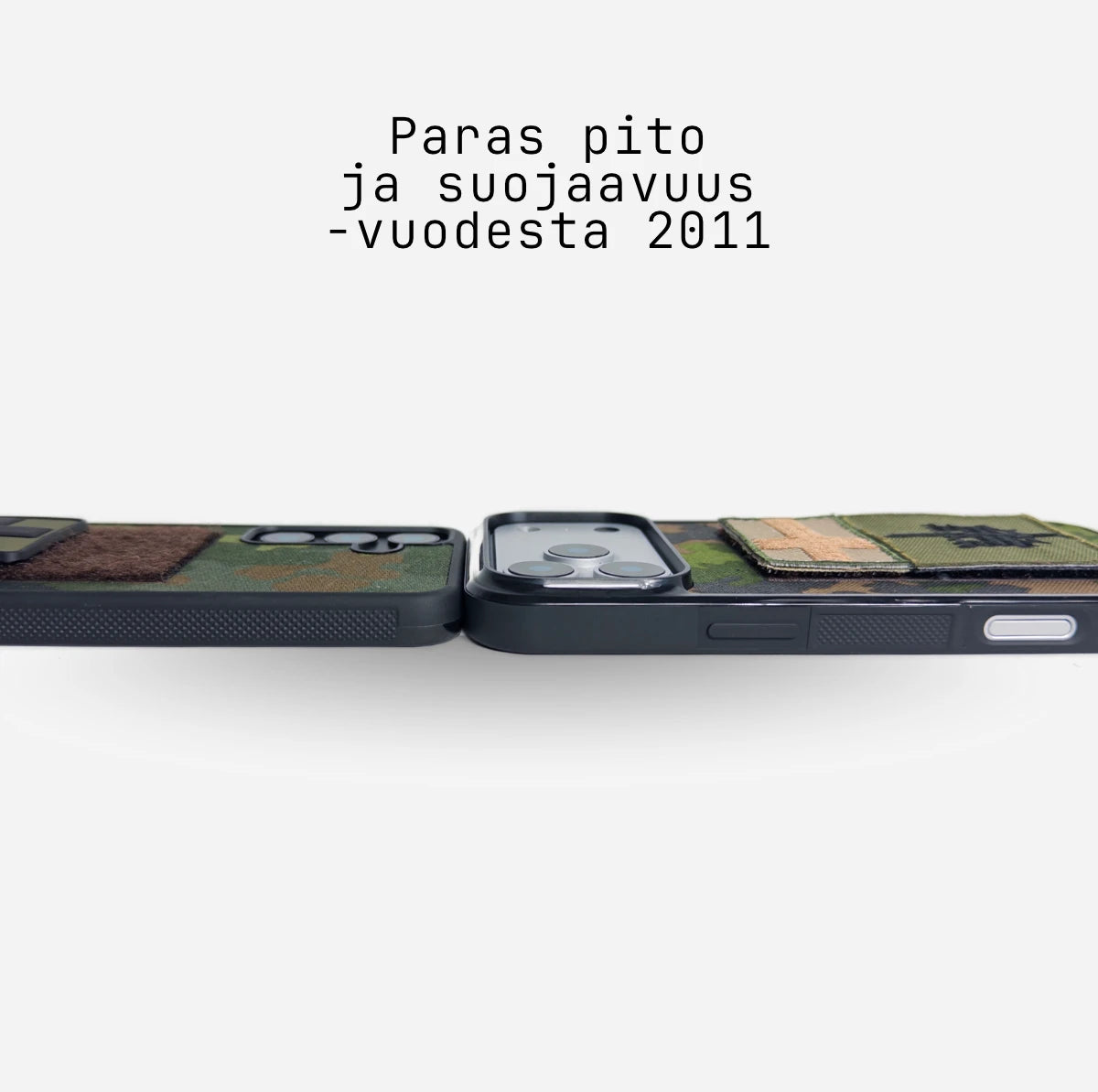 Lastu Lastu VELCRO camo puhelimen kuoret iPhone 17 Pro ja Samsung Galaxy S26, Velcro-pinta, teksti suomeksi taustalla