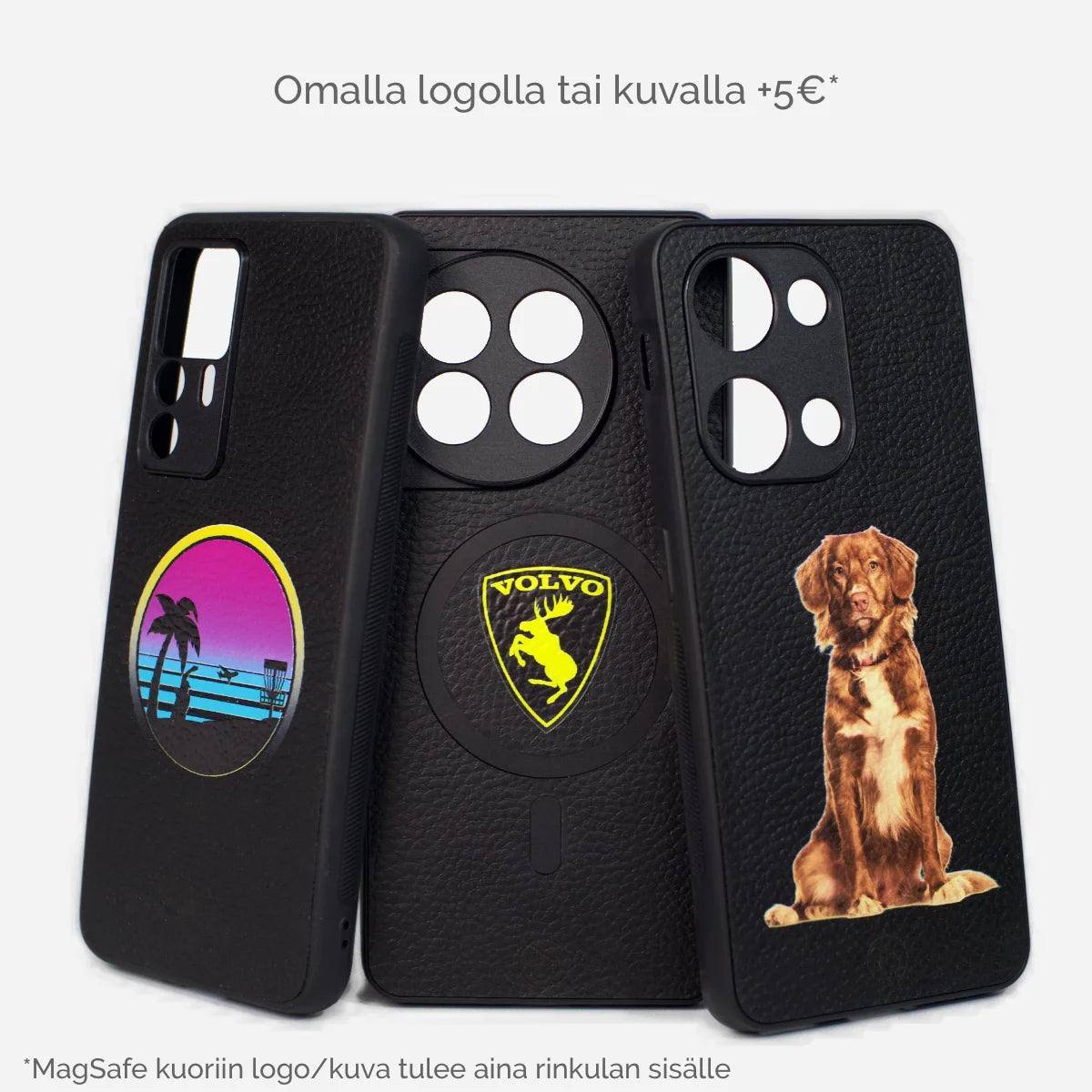 Lastu MagSafe puhelimen kuoret omalla kuvalla tai logolla - mustat nahkaiset suojakuoret kameran suojauksella - Lastu AI-Testi