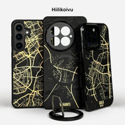 Lastu KARTTA Hiilikoivu mustat puiset puhelimen kuoret iPhone, Samsung ja OnePlus -malleille, karttakuoret, MagSafe-kuoret, kännykän kotelot.