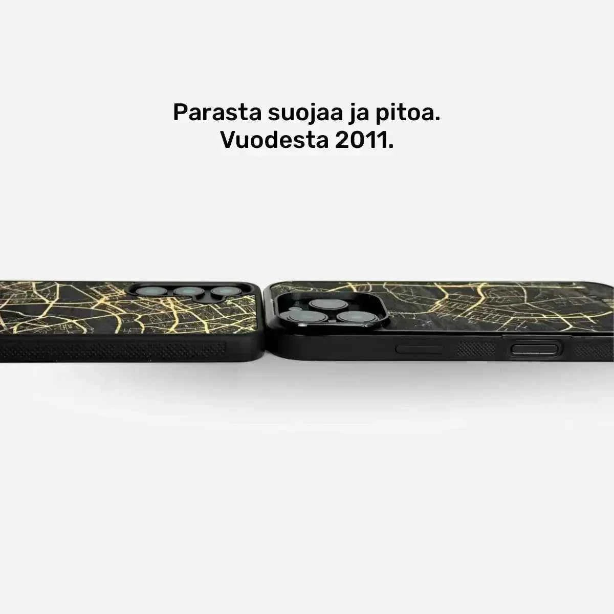 Lastu IPhone 17 Pro ja Samsung Galaxy S26 mustissa ja kultaisissa puukartta-suojakoteloissa, teksti suomeksi yläpuolella.