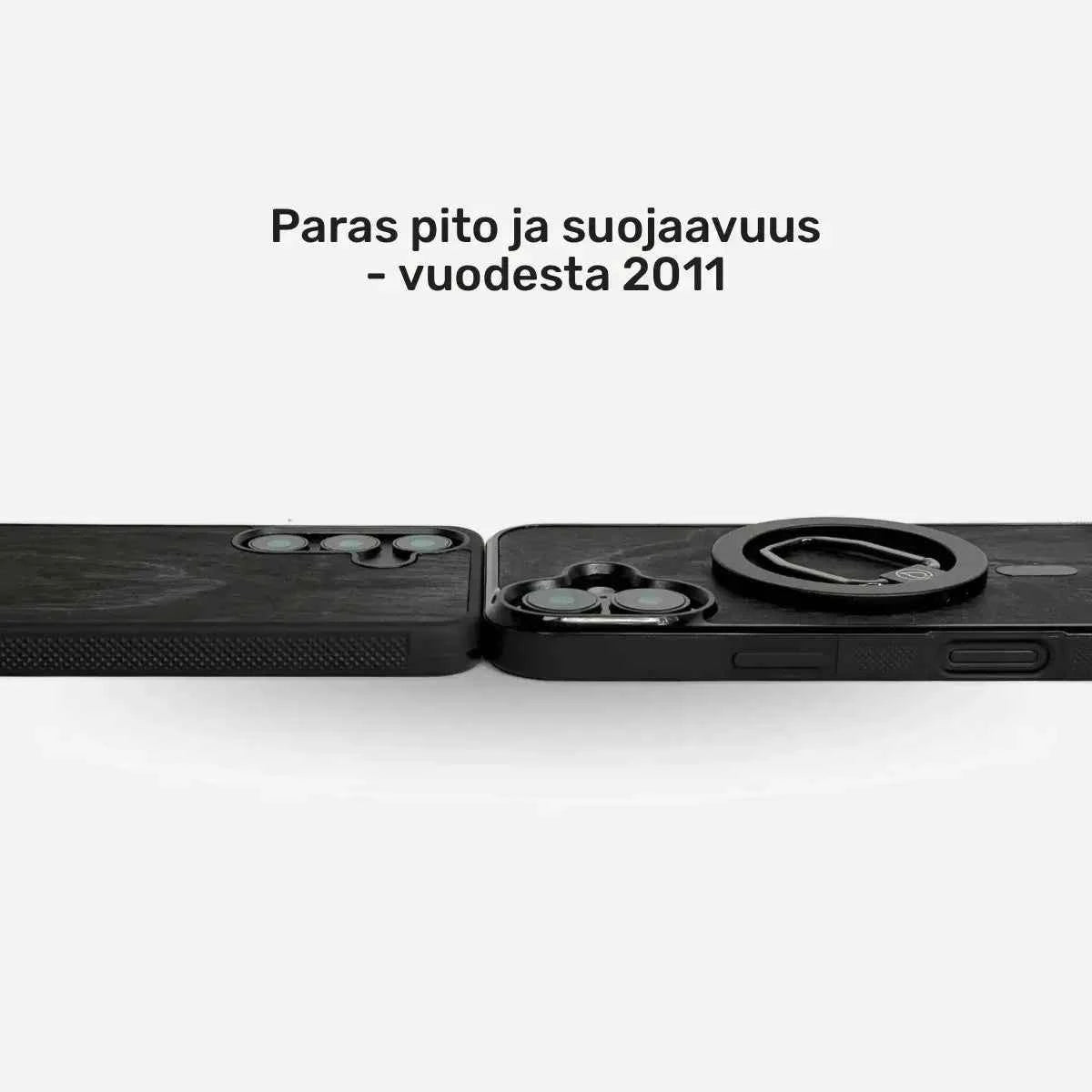 Lastu Lastu HIILI, musta koivupuu, puhelimen kuoret iPhone 17 Prolle, Samsung S26: linssilisäosat, suomenkielinen teksti.
