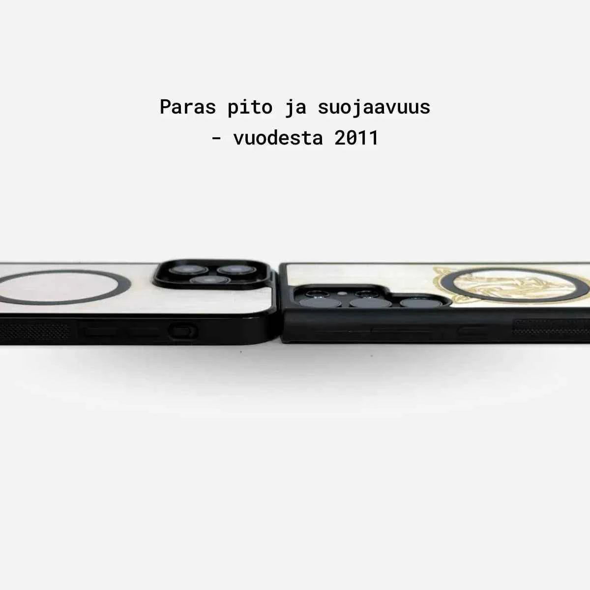 Lastu Lastu LUMI vaalea koivu -puhelinkotelot iPhone 17 Pro & Samsung Galaxy S26, vierekkäin, suomenkielinen teksti yläpuolella