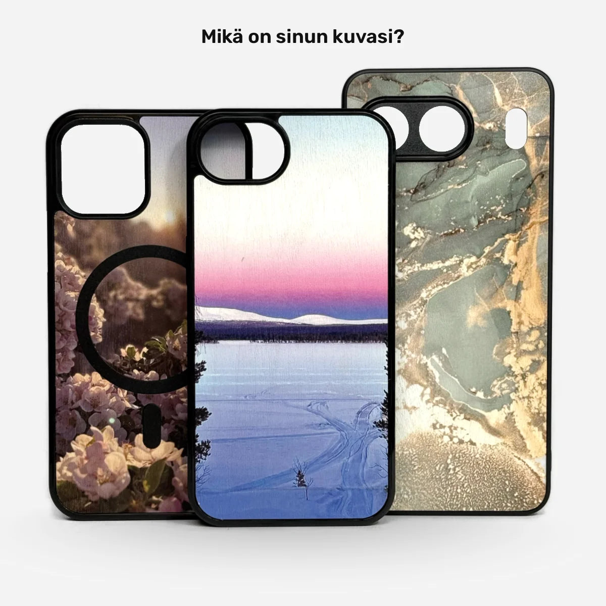 Kuoret omalla kuvalla suomalaisesta koivusta, Lastu kuoret, puhelimen kuoret, MagSafe kuoret, iPhone, Samsung, OnePlus, Pixel, Lastu Cases for Honor.