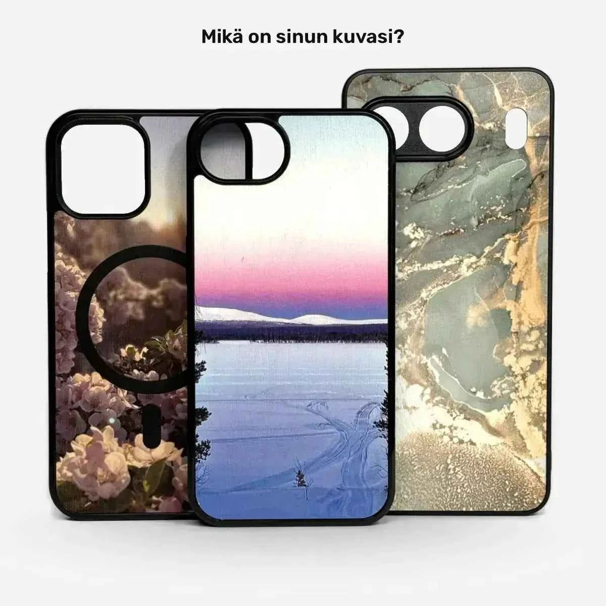 Lastu Lastu puhelimen kuoret iPhone 17 Pro, Samsung S26; kukkakuvio, lumimaisema, marmori – voit lisätä oman kuvasi