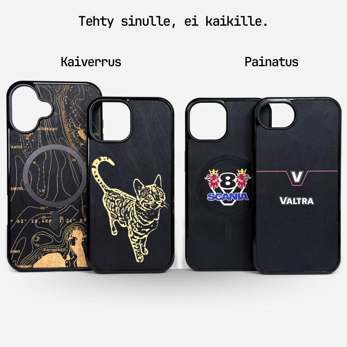 HIILI – Puhelimen kuoret mustasta koivusta 🇫🇮 neljä mallia, kaiverrus ja painatus, MagSafe-yhteensopivat Lastu puhelinkuoret, mustaa hiilikoivua.