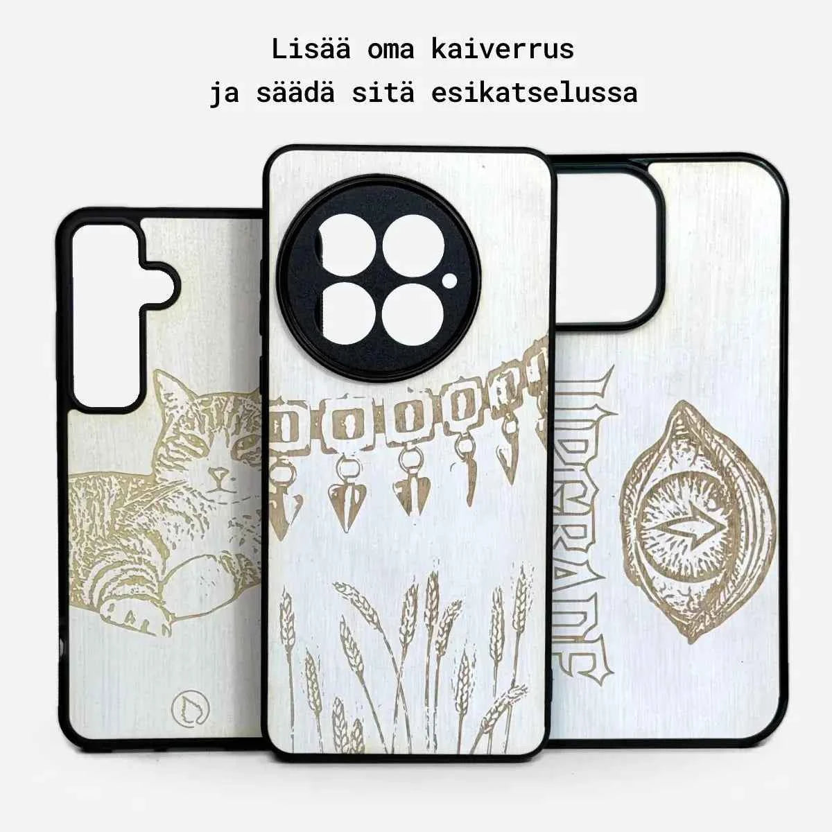 Lastu Lastu LUMI -puhelinkotelot iPhone 17 Pro, Samsung S26 jne., kaiverrettu koivu: kissa, vehnäkoru, silmä.