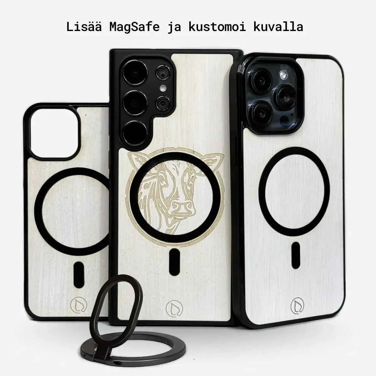 Lastu Lastu LUMI:n koivusta valmistetut puhelinkotelot, lehmäkuvio, iPhone 17 Pro ja Galaxy S26 pöydällä.
