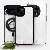Lastu valkoiset puhelimen kuoret puulla iPhone 14, Pixel 7 ja Samsung Galaxy puhelimille