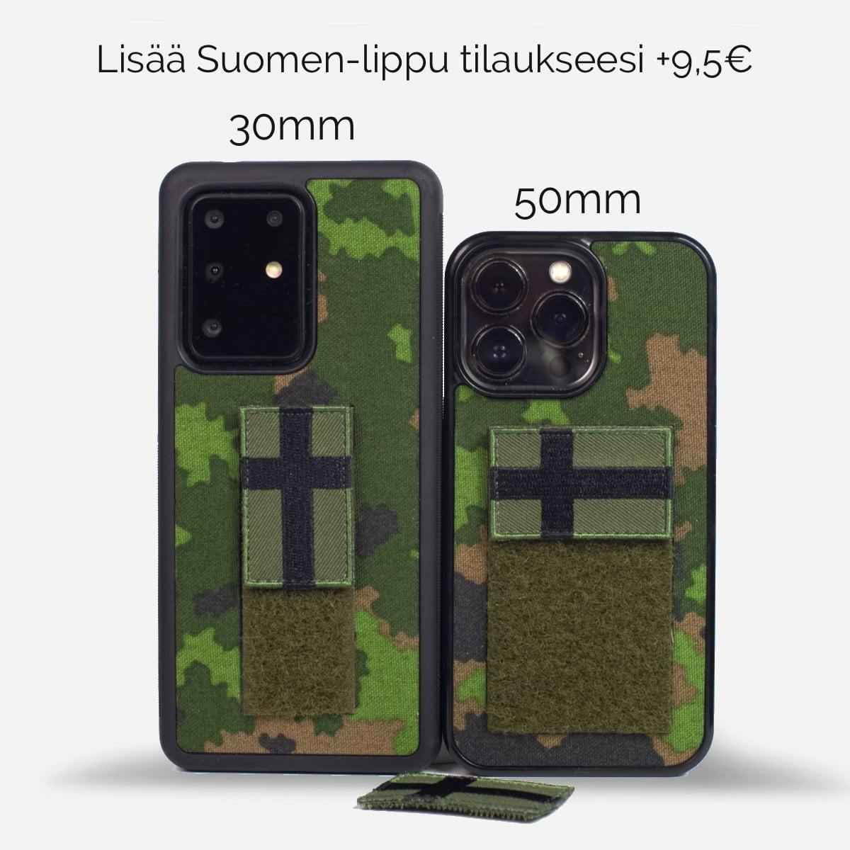 Lastu Lastu Suomen lippu -camouflage-puhelinkotelot, irrotettavat 30 mm:n ja 50 mm:n liput iPhone 17 Pro:lle, Galaxy S26:lle ja OnePlus 15:lle