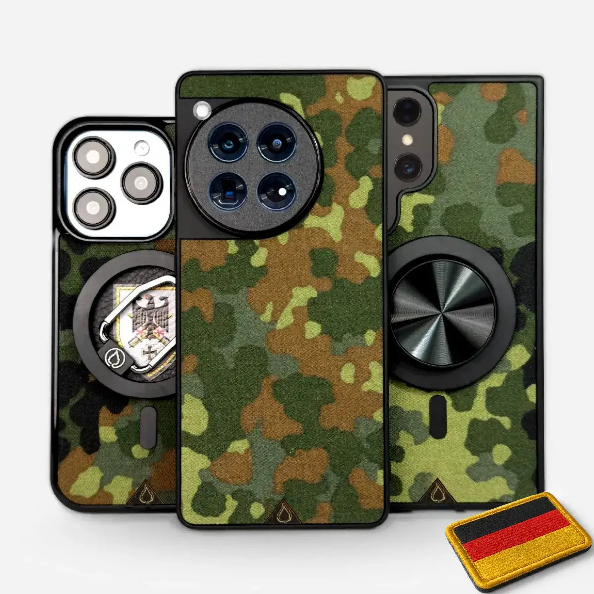 Lastu Flecktarn – aitoa Bundeswehr-kangasta olevat puhelimen kuoret iPhone, Samsung, OnePlus, Pixel, Nothing malleille, omalla kuvalla tai logolla.