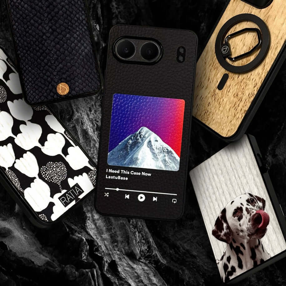 Image of stylish Lastu phone cases featuring custom designs and a Spotify music preview.