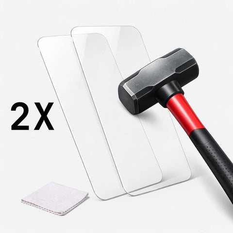 LEKA -näytönsuoja kaksipakkaus, kirkas karkaistu lasi, mukana pehmeä mikrokuituliina ja vasara suojaustestin demonstrointiin.