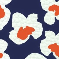 RATIA design pattern featuring bold orange and white floral shapes on a dark navy background for phone cases.