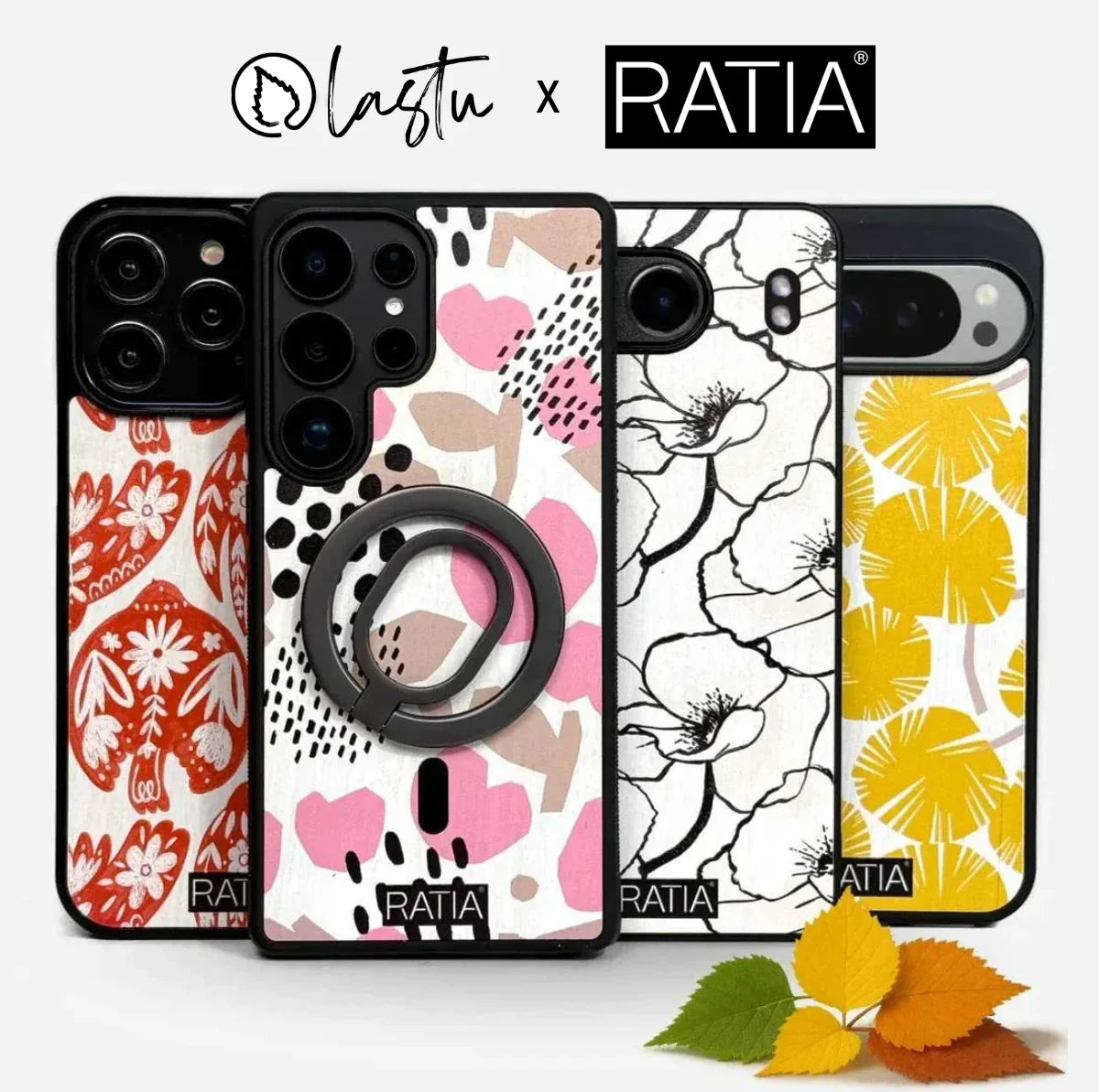 Lastu  Lastun puhelimen kuoret: iPhone 17 Pro, Galaxy S26, OnePlus 15; puuta sekä voimakkaita kukka- ja abstraktikuvioita.