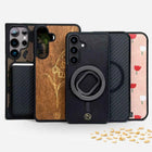 Lastu Samsung kuoret – puu, hiilikuitu ja M05-maastokuvio, MagSafe-valinta, oma kuva tai logo