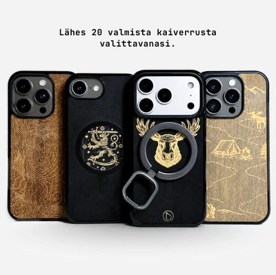 Lastu  Lastu LUMI -koivupuhelimen kuoret iPhone 17 Pro, Galaxy S26, OnePlus 15 – valittavana lähes 20 LUMIKOIVU-kaiverrusta