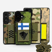 Sotilaskuoret puhelimelle tarramerkillä - Suomen, Ukrainan ja NATO merkeillä varustetut Lastu suojakuoret maastokuviolla