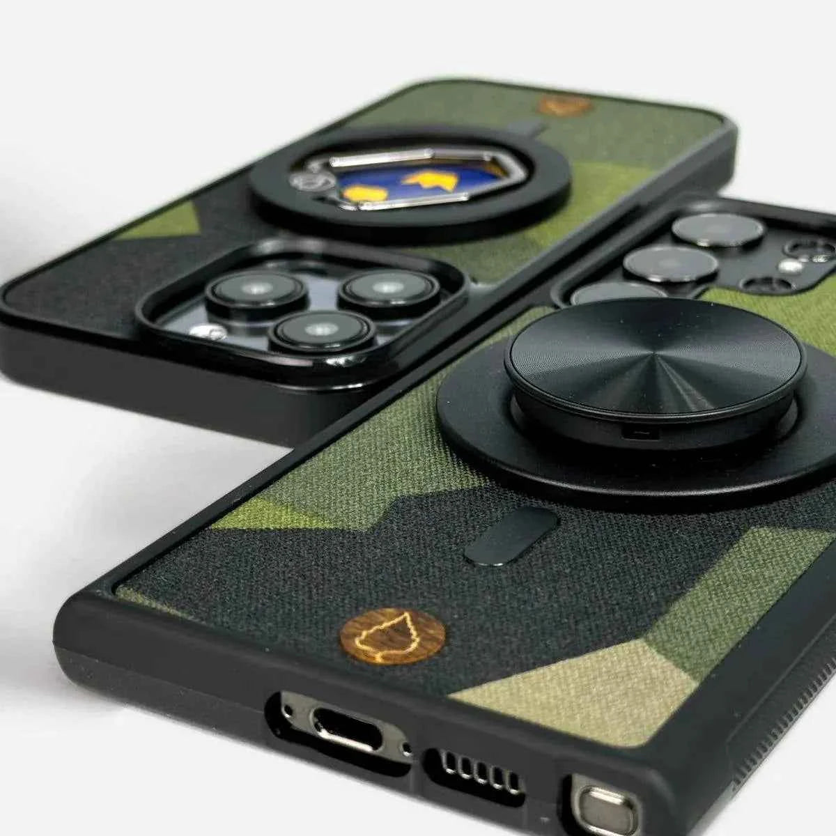 Lastu  IPhone 17 Pro- ja Samsung Galaxy S26 -puhelimille Lastu ROKKA M05 -suojakotelot, puiset, Popsocket-pidikkeet, camo-kuosi.