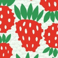Colorful pattern of red strawberries with green leaves on a light background.