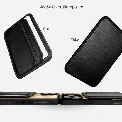 Puhelimen kuoret, Lastu kuoret, MagSafe kuoret, Kuoret omalla kuvalla, kotelot, suojakuoret - Musta nahkainen MagSafe korttilompakko puhelimelle, etu- ja takanäkymä - Lastu X MPK