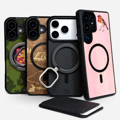 Lastu  Neljä Lastu WOIMA MagSafe® puhelimen kuorta (puu) iPhone 17 Pro, Samsung S26, OnePlus 15 ja vaalea lompakko.