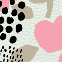 RATIA design phone case pattern featuring pink hearts and abstract shapes on a textured background.