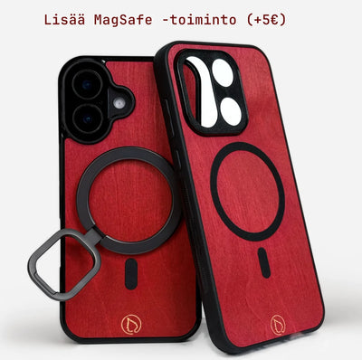 Lastu  Kaksi Lastu Ruska -merkkistä tummanpunaista koivupuusta valmistettua puhelinsuojakoteloa, joissa on MagSafe-yhteensopivuus, iPhone 17 Pro- ja Galaxy S26 -malleille.