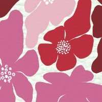 Colorful floral pattern featuring pink and red flowers on a light background.