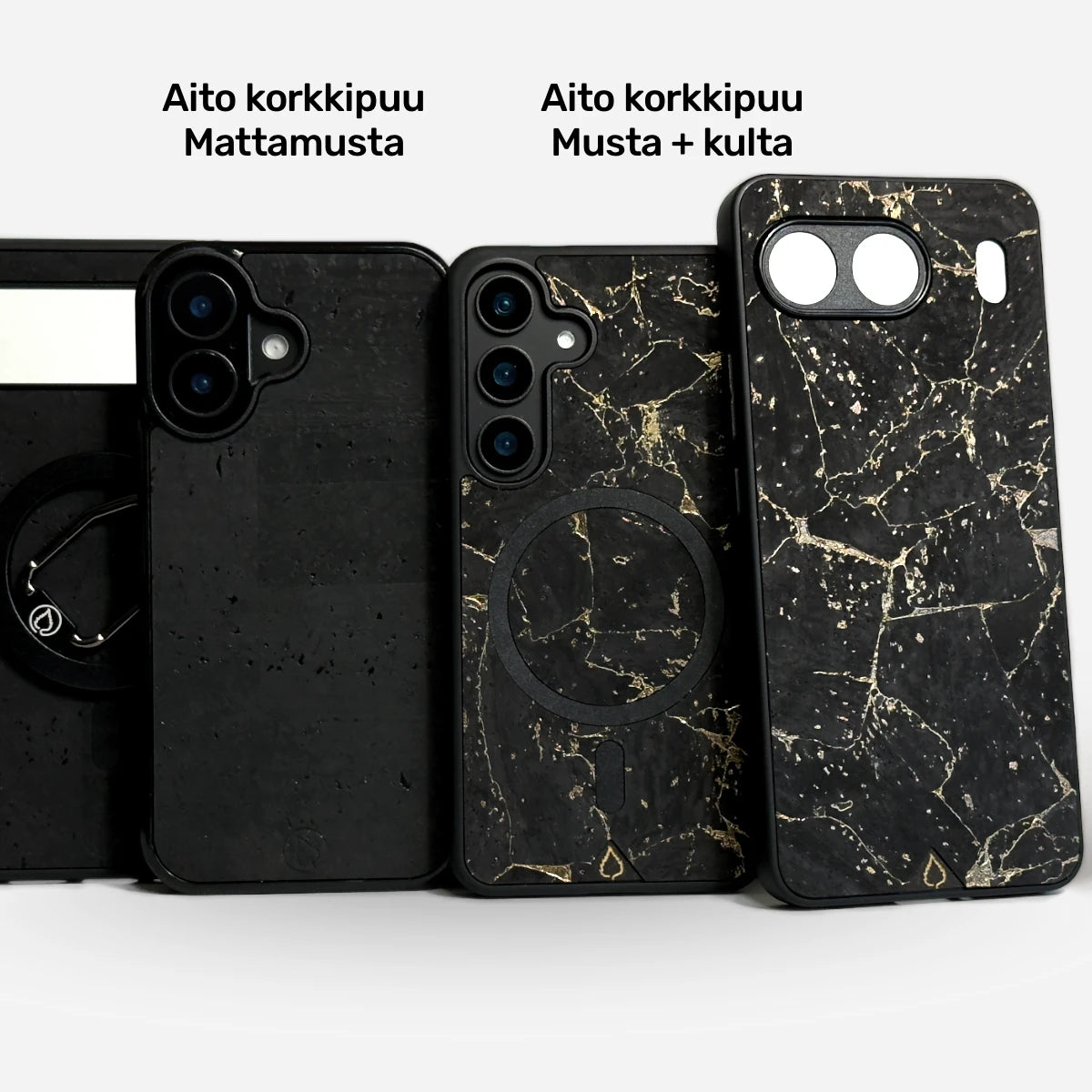 LUOWA korkkipuu puhelimen kuoret mattamusta ja kultakuvioitu MagSafe yhteensopiva iPhone kotelo - Lastu Premium Cases

The ALT text describes multiple phone cases made from cork wood material, showing both plain matte black and black with gold marble pattern designs, compatible with MagSafe technology for iPhone devices from the Lastu collection.