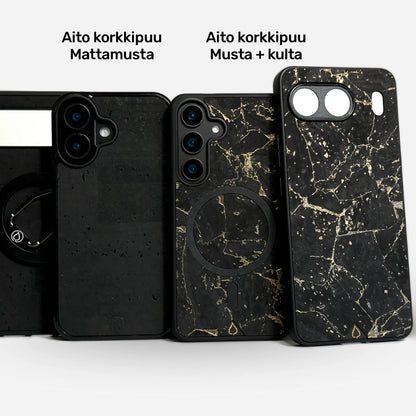 LUOWA korkkipuu puhelimen kuoret mattamusta ja kultakuvioitu MagSafe yhteensopiva iPhone kotelo - Lastu Premium Cases

The ALT text describes multiple phone cases made from cork wood material, showing both plain matte black and black with gold marble pattern designs, compatible with MagSafe technology for iPhone devices from the Lastu collection.