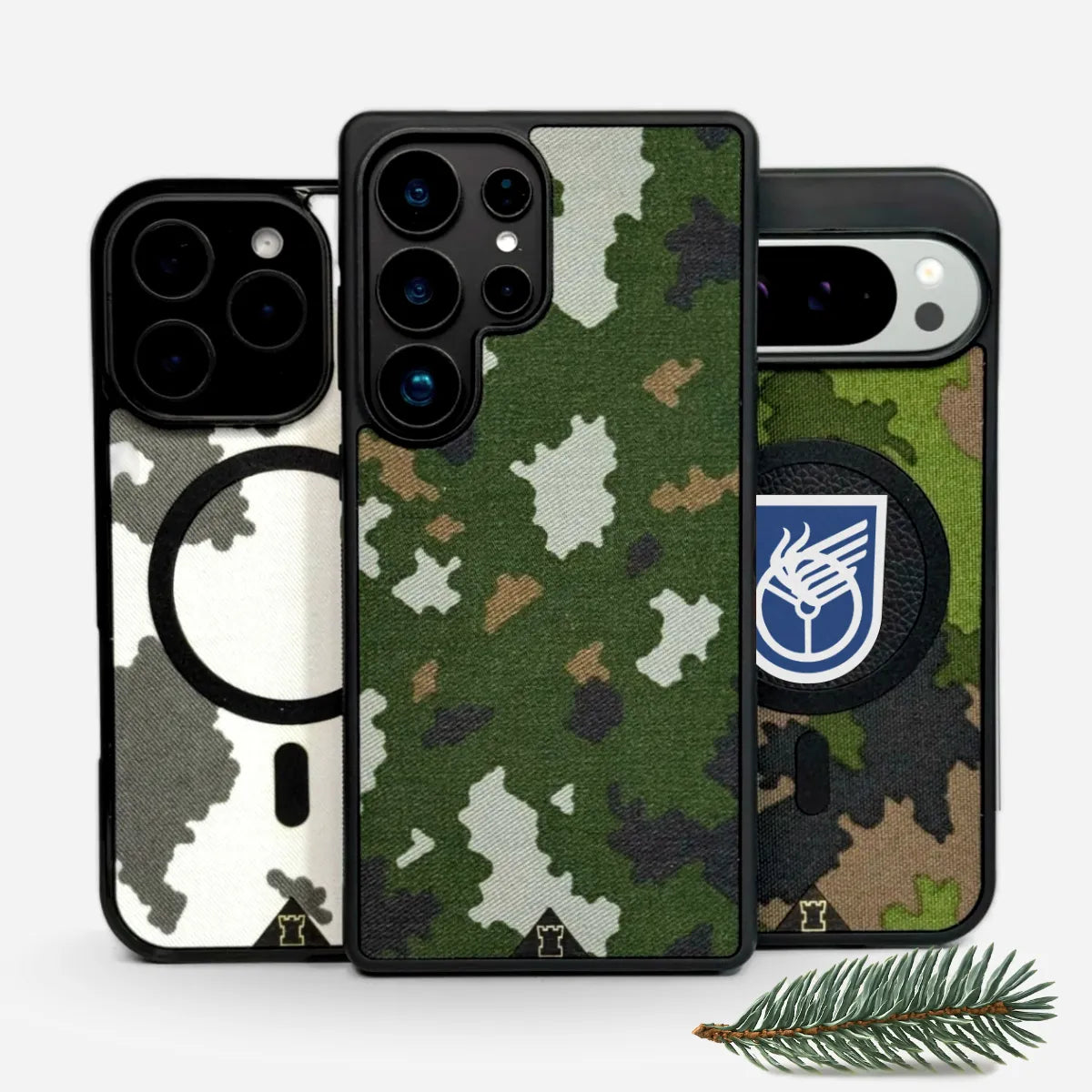 Lastu sotilaskuoret M05-kuviolla iPhonelle - taktinen suojakotelo MagSafe-yhteensopiva, aidolla maastokuviokankaalla