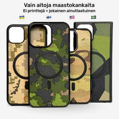 Puhelimen kuoret LUOWA maastokankainen MagSafe suojakuori iPhonelle, neljä eri maastokuviomallia, Ukraina MM14, Suomi M05, USA Multicam ja Ruotsi M90 - Lastu Cases